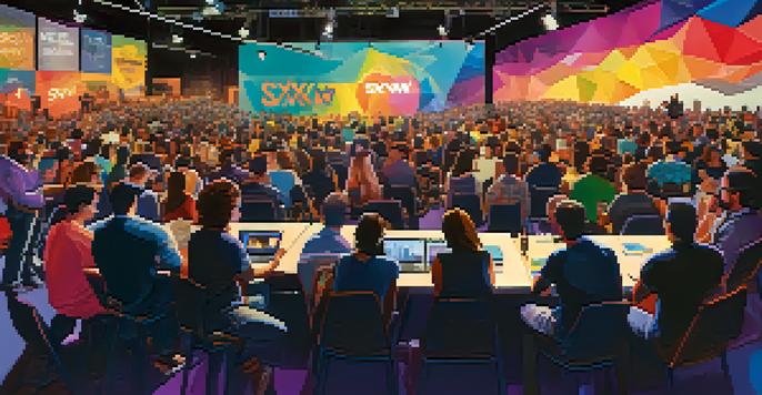 A lively conference scene at SXSW Interactive with diverse attendees engaging in discussions and a speaker on stage.
