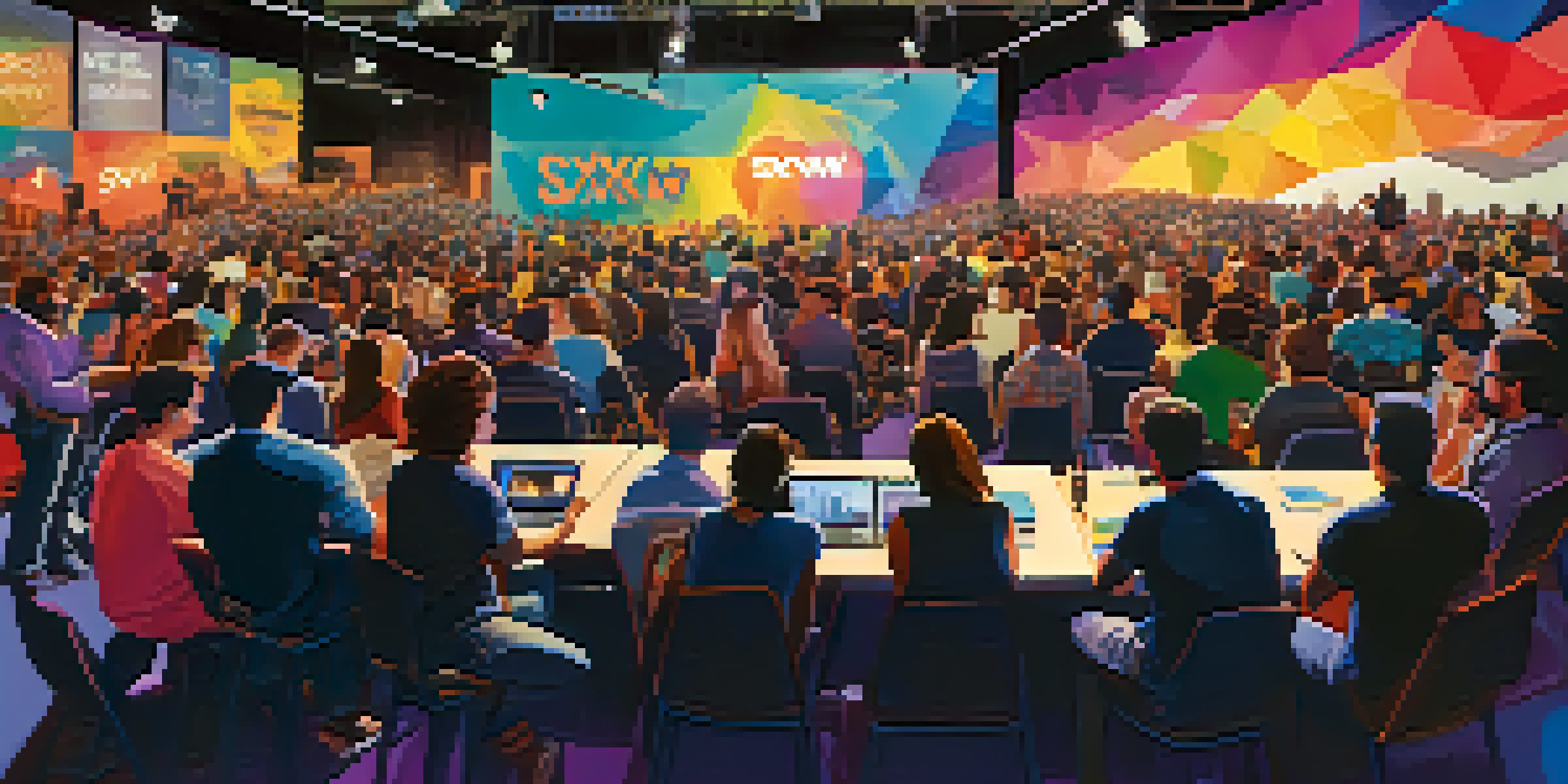 A lively conference scene at SXSW Interactive with diverse attendees engaging in discussions and a speaker on stage.