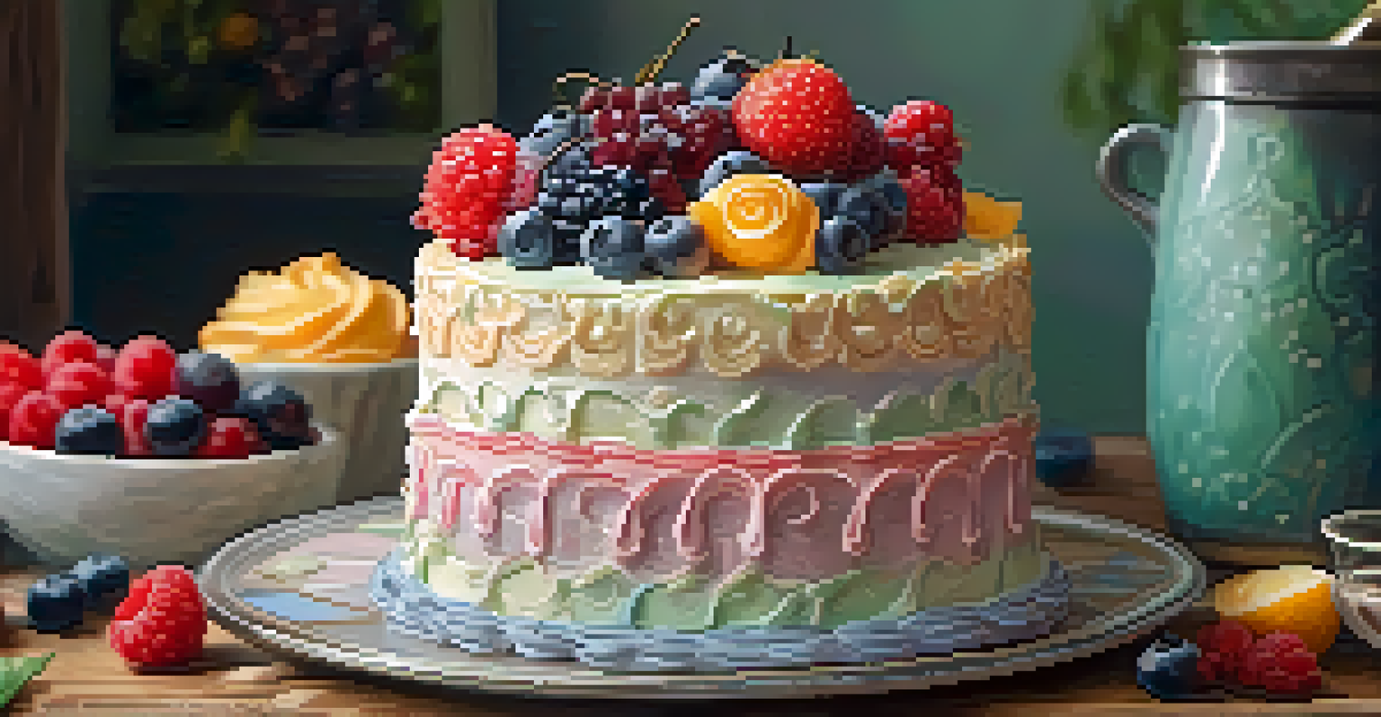 A close-up of a beautifully decorated cake with floral designs, displayed on a rustic table with baking tools and fresh berries.