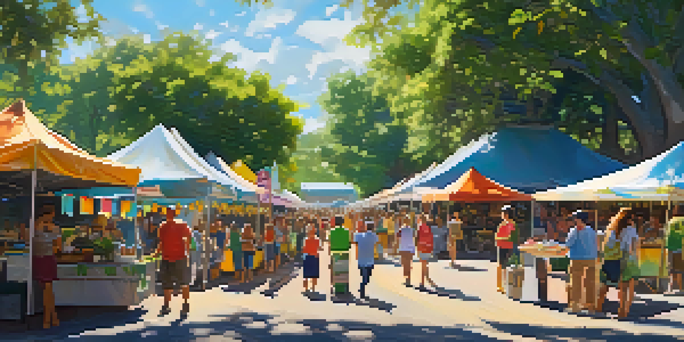 A lively outdoor festival in Austin with colorful tents, food stalls, and smiling attendees enjoying organic dishes under the sun.