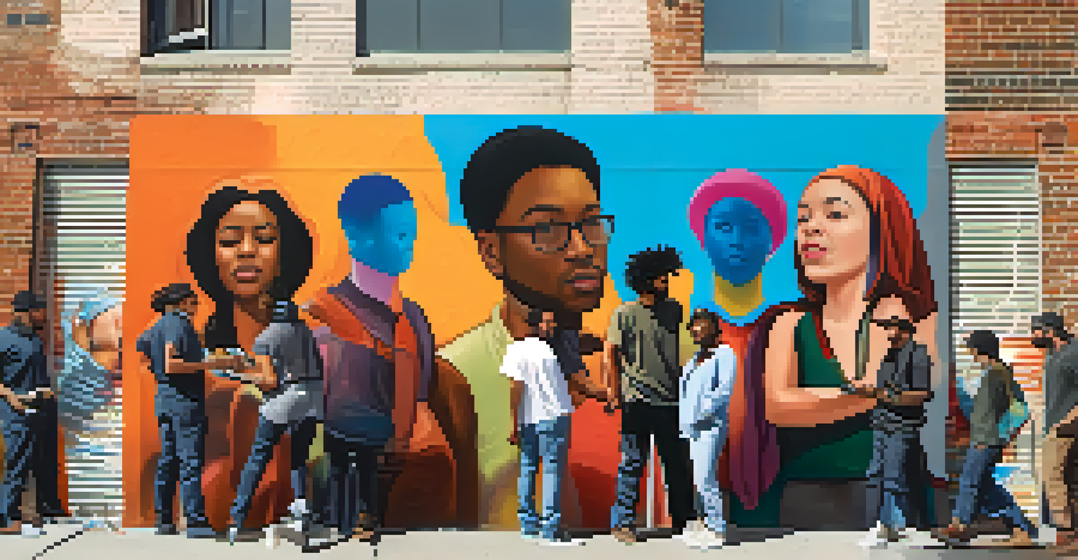 A group of artists working on a colorful community mural in a city alley, portraying themes of social change.