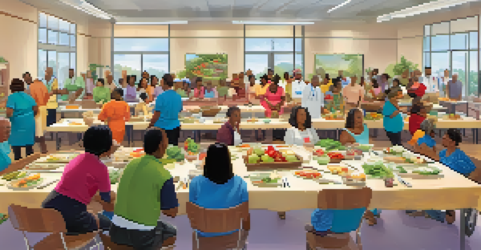 A lively cooking workshop with families learning about healthy meal preparation in a bright community center.