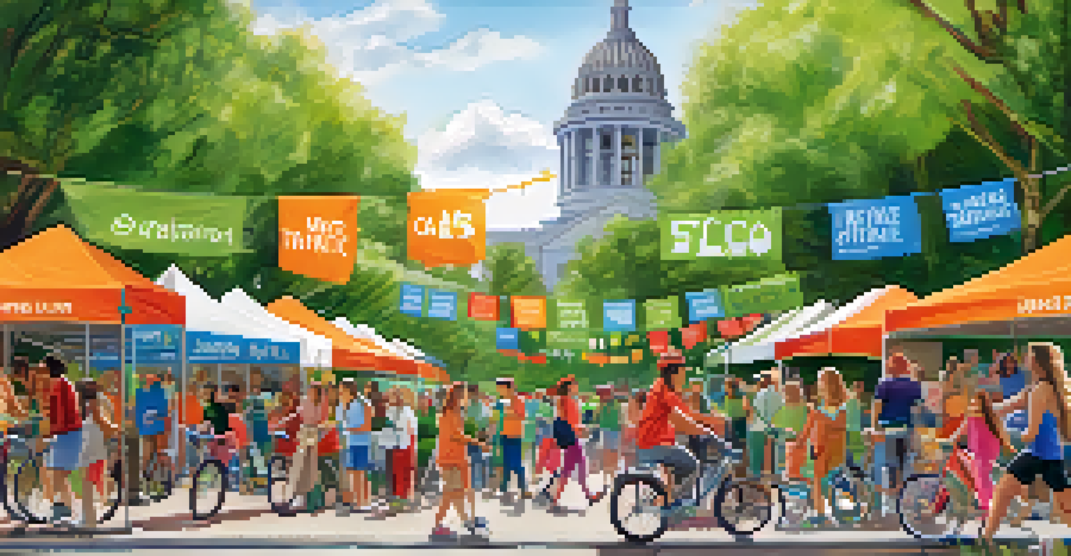 A community event in Austin promoting sustainability with people walking and biking, surrounded by colorful banners and greenery.