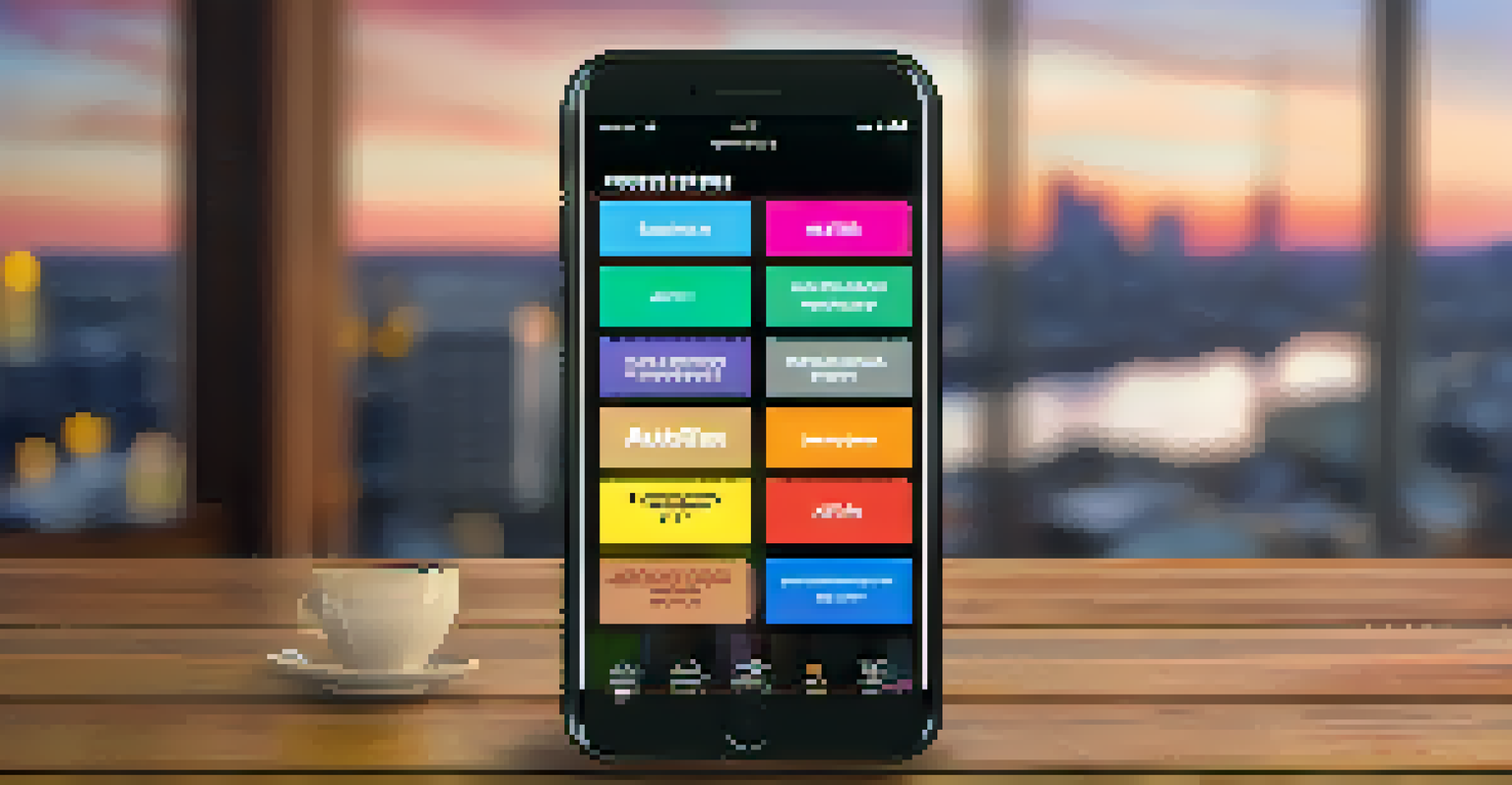 A close-up of a smartphone showing a podcast app on a wooden table next to a coffee cup, with a blurred Austin cityscape in the background.