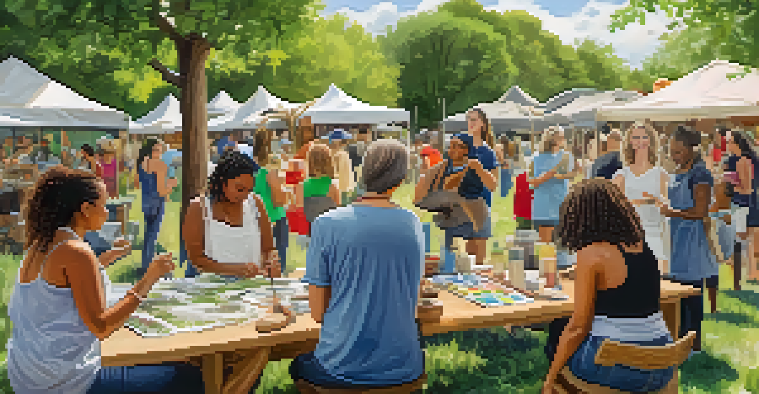 A community art workshop outdoors in Austin, with artists learning about eco-friendly practices amidst nature.