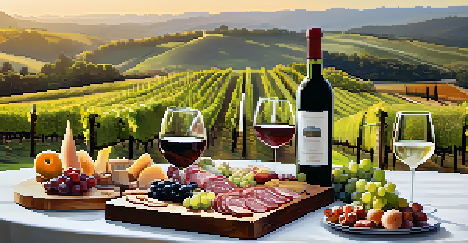 A gourmet charcuterie board with wines at a vineyard, showcasing a variety of foods and scenic views.