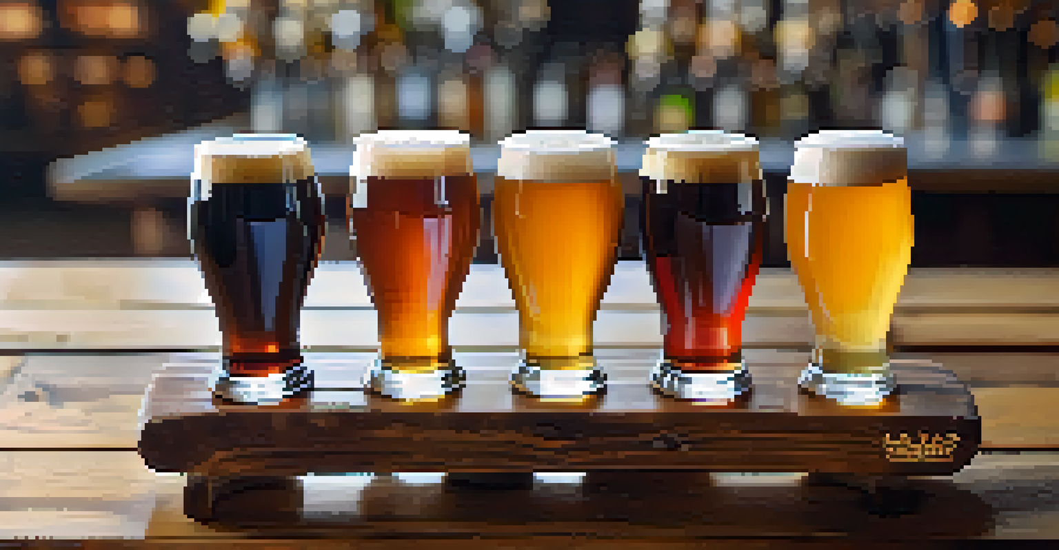 A close-up view of a craft beer flight with different colorful beers in small glasses on a wooden board.