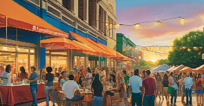 A lively outdoor networking event in Austin with diverse entrepreneurs interacting, food trucks, and live music during sunset.