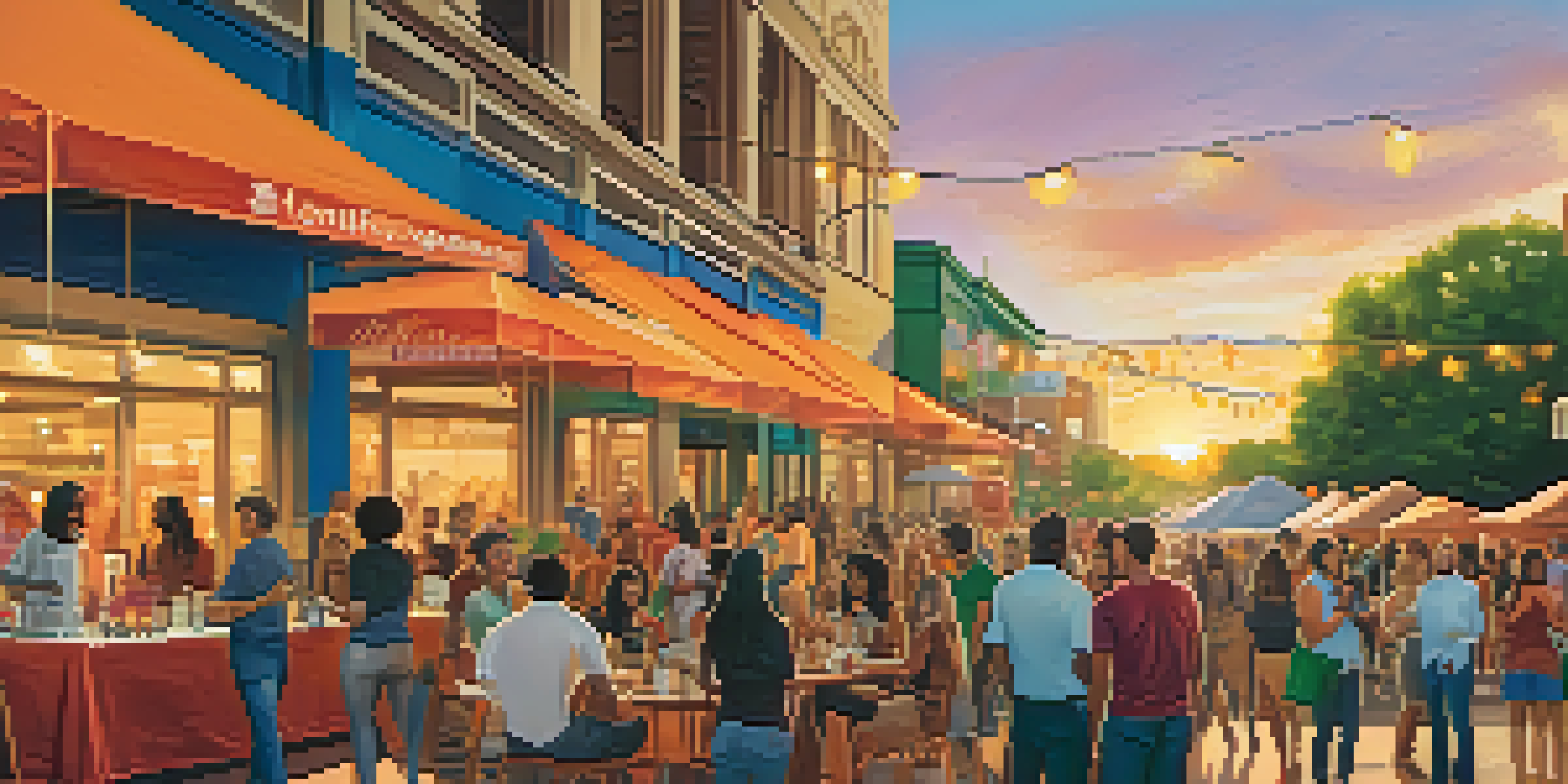 A lively outdoor networking event in Austin with diverse entrepreneurs interacting, food trucks, and live music during sunset.