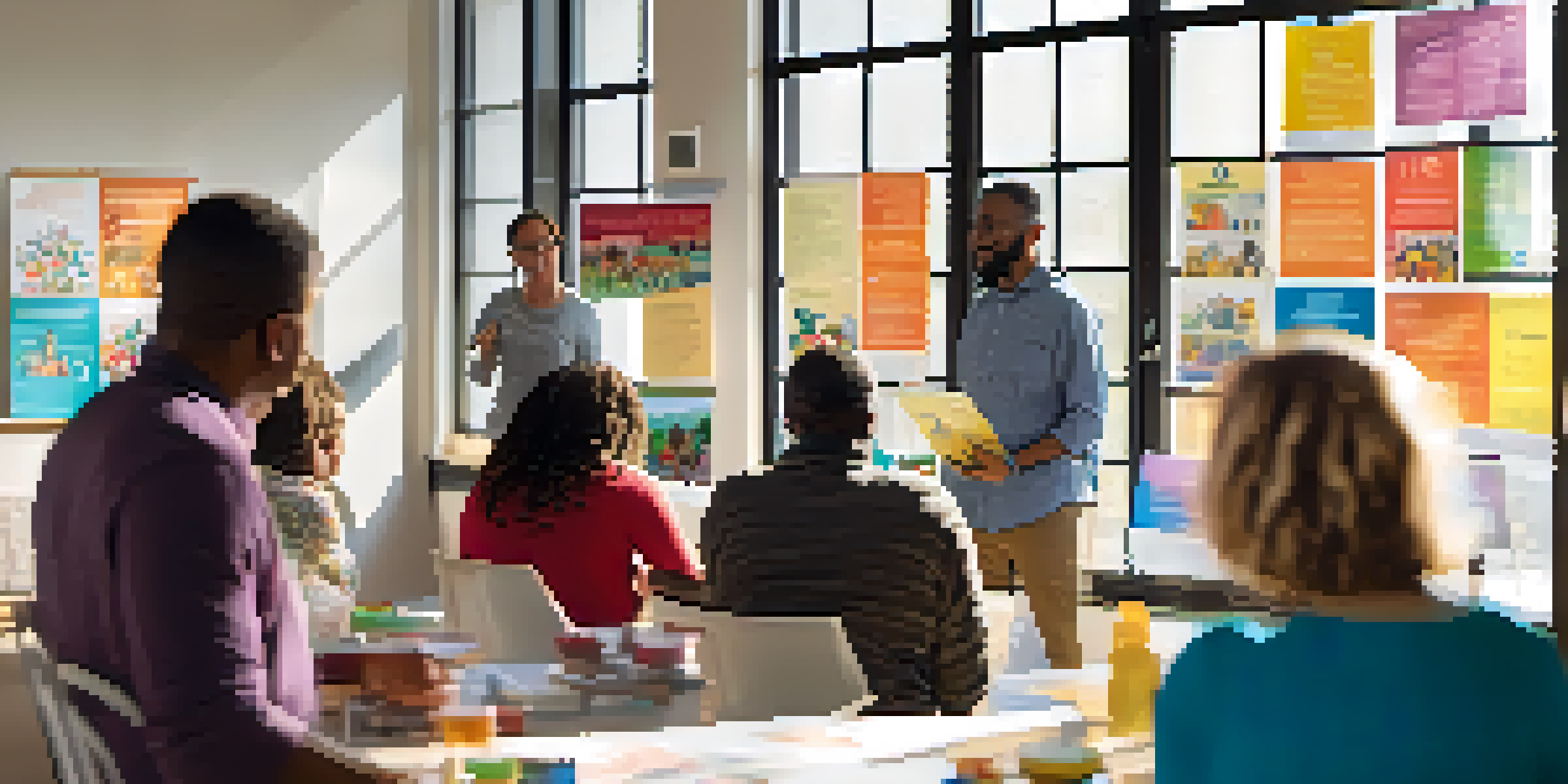 A community health workshop with diverse participants discussing health topics, bright posters on the walls, and a table with healthy snacks.