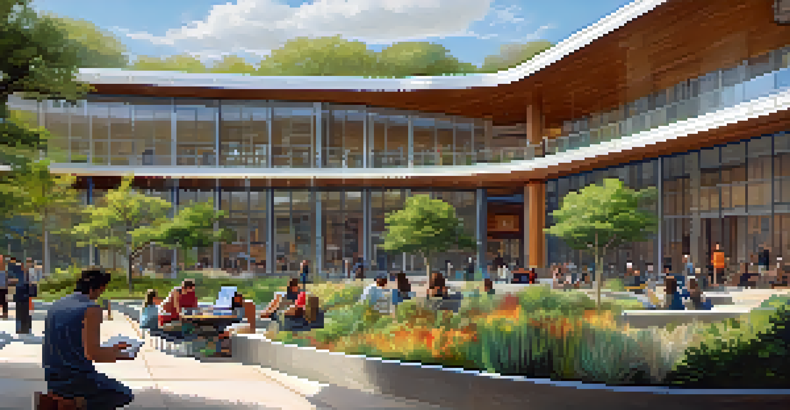The exterior of the Austin Central Library with its modern architecture, showcasing people reading and working in the garden area.