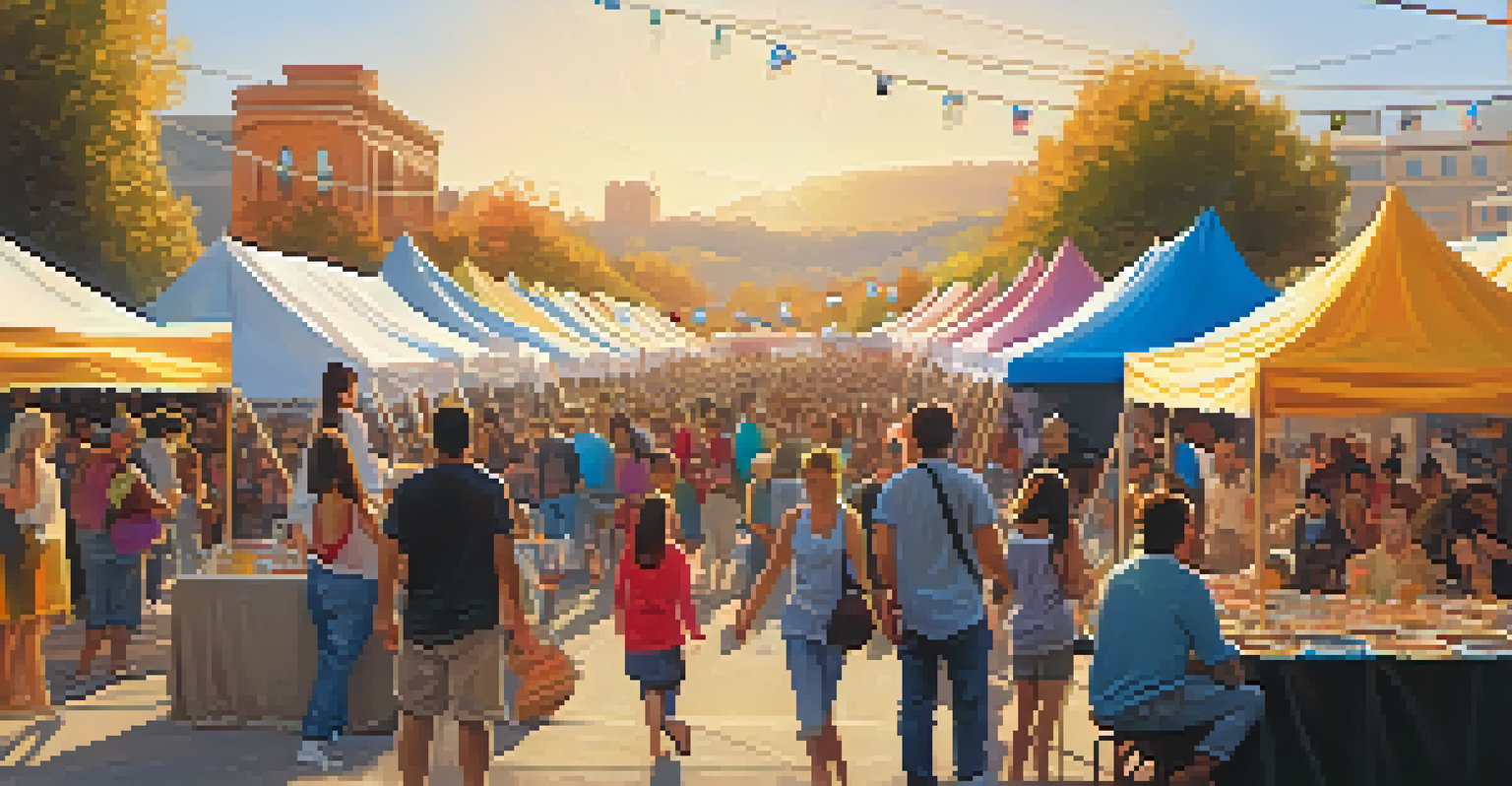 An outdoor art festival with diverse artists showcasing their work, surrounded by attendees enjoying the atmosphere during sunset.