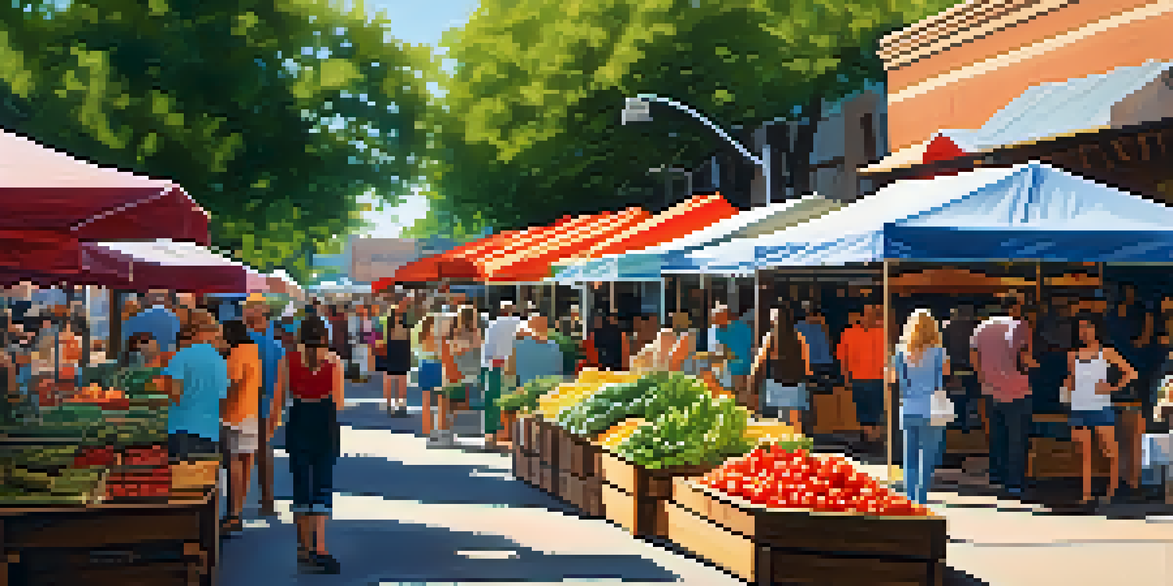 A lively farmers market in Austin, Texas, with colorful stalls and diverse people interacting.