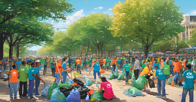 Volunteers of diverse backgrounds participating in a community cleanup in a park, with clear blue skies and green trees.