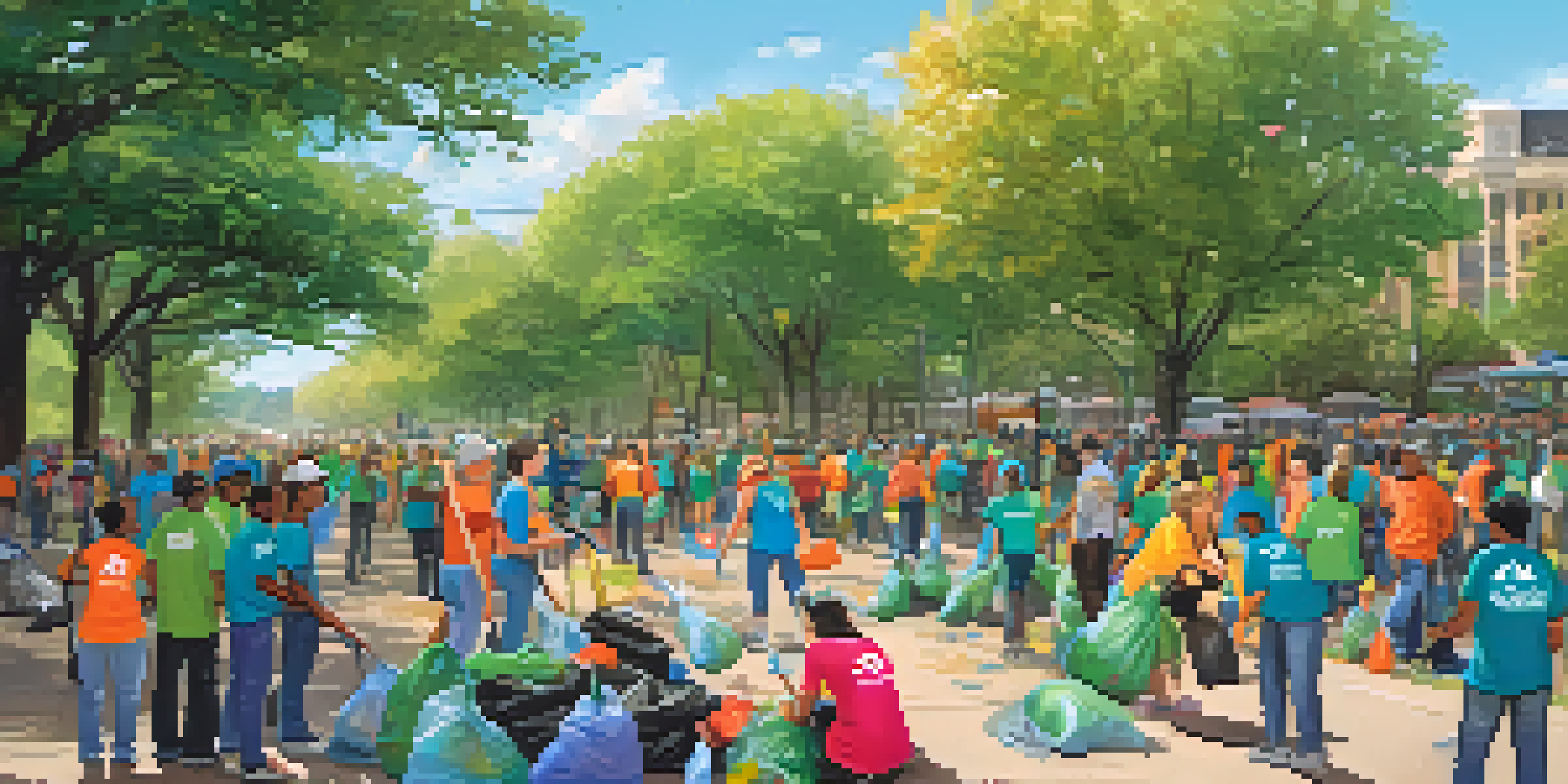 Volunteers of diverse backgrounds participating in a community cleanup in a park, with clear blue skies and green trees.