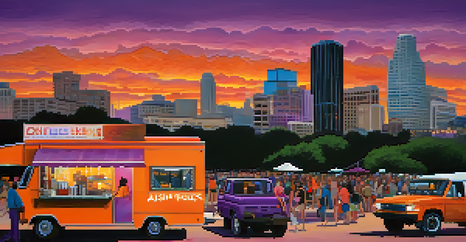 Downtown Austin skyline at sunset with festival-goers enjoying food trucks in the foreground.