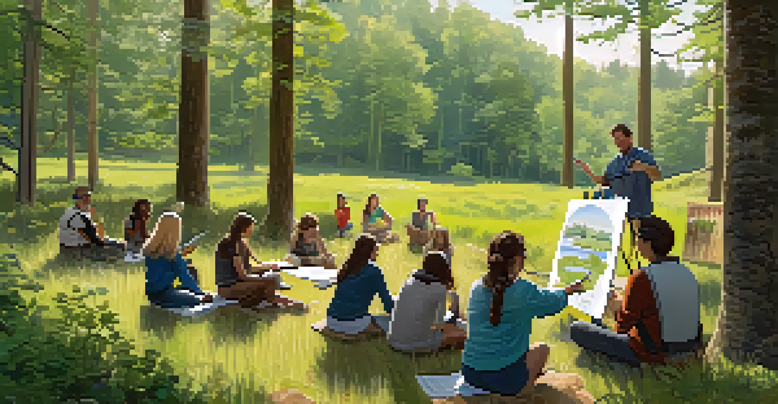 An outdoor workshop on environmental conservation, showing a diverse group of participants learning from an instructor in a natural setting.