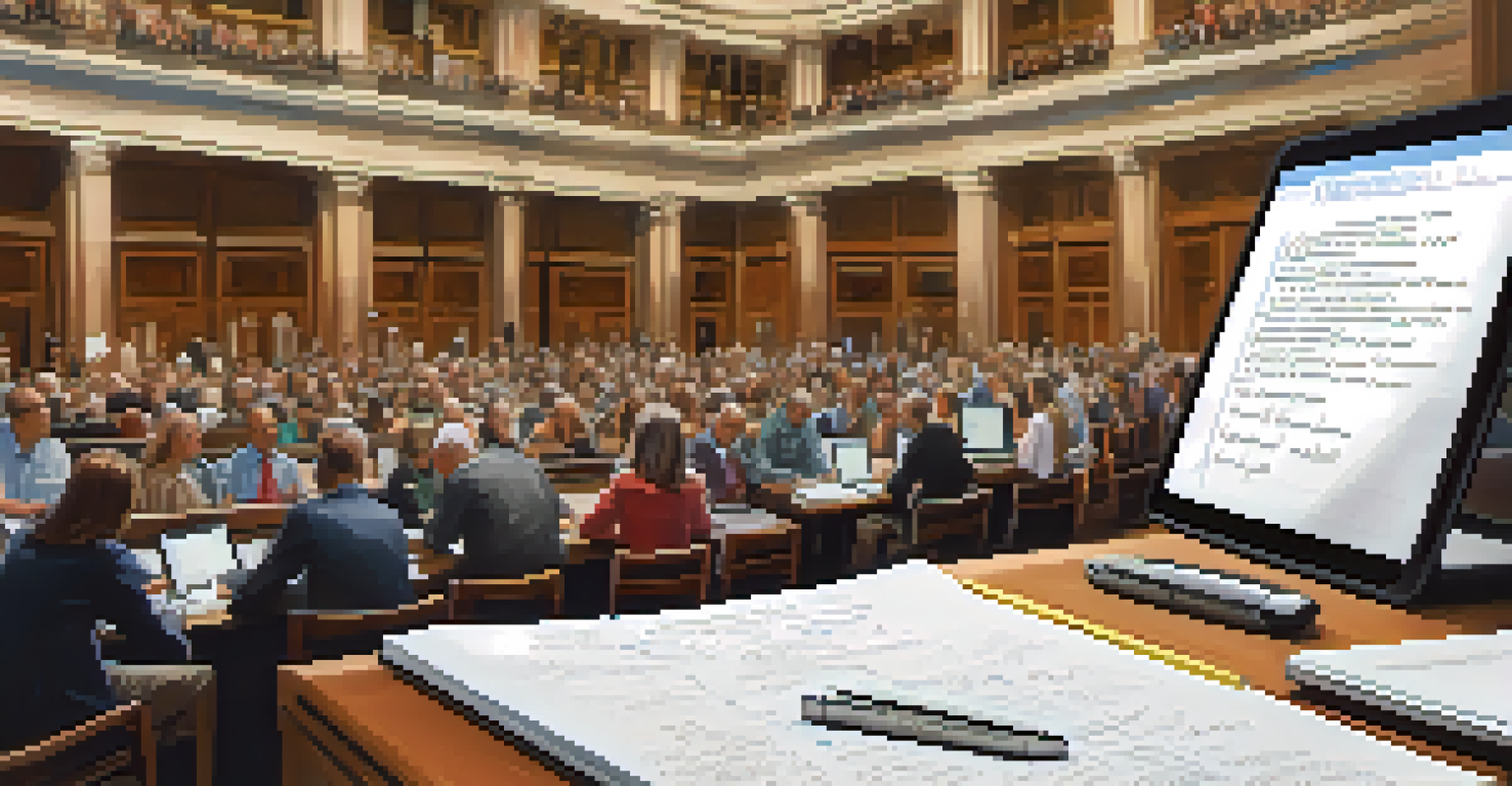 A close-up of handwritten notes on a notepad next to a laptop with the city council agenda, with a busy city hall in the background.