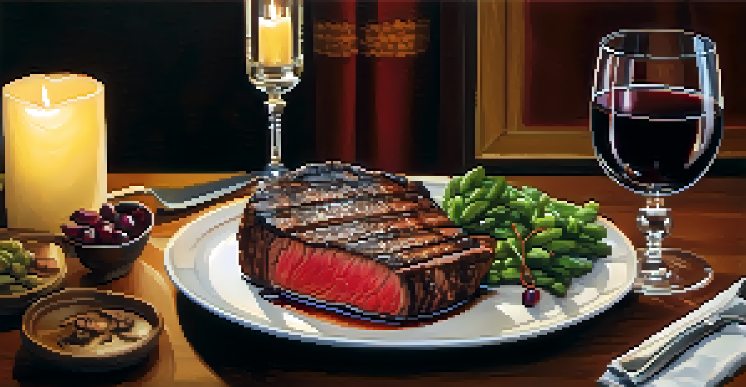 A glass of Cabernet Sauvignon next to a juicy steak on a rustic wooden table, illuminated by candlelight.