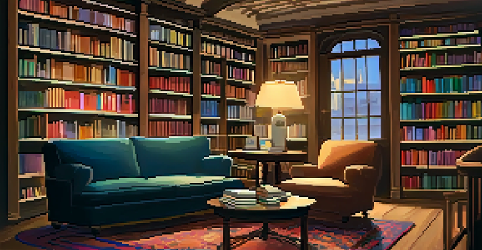A cozy bookstore corner with a person reading in a comfortable armchair, surrounded by shelves of books and a coffee cup on a table.