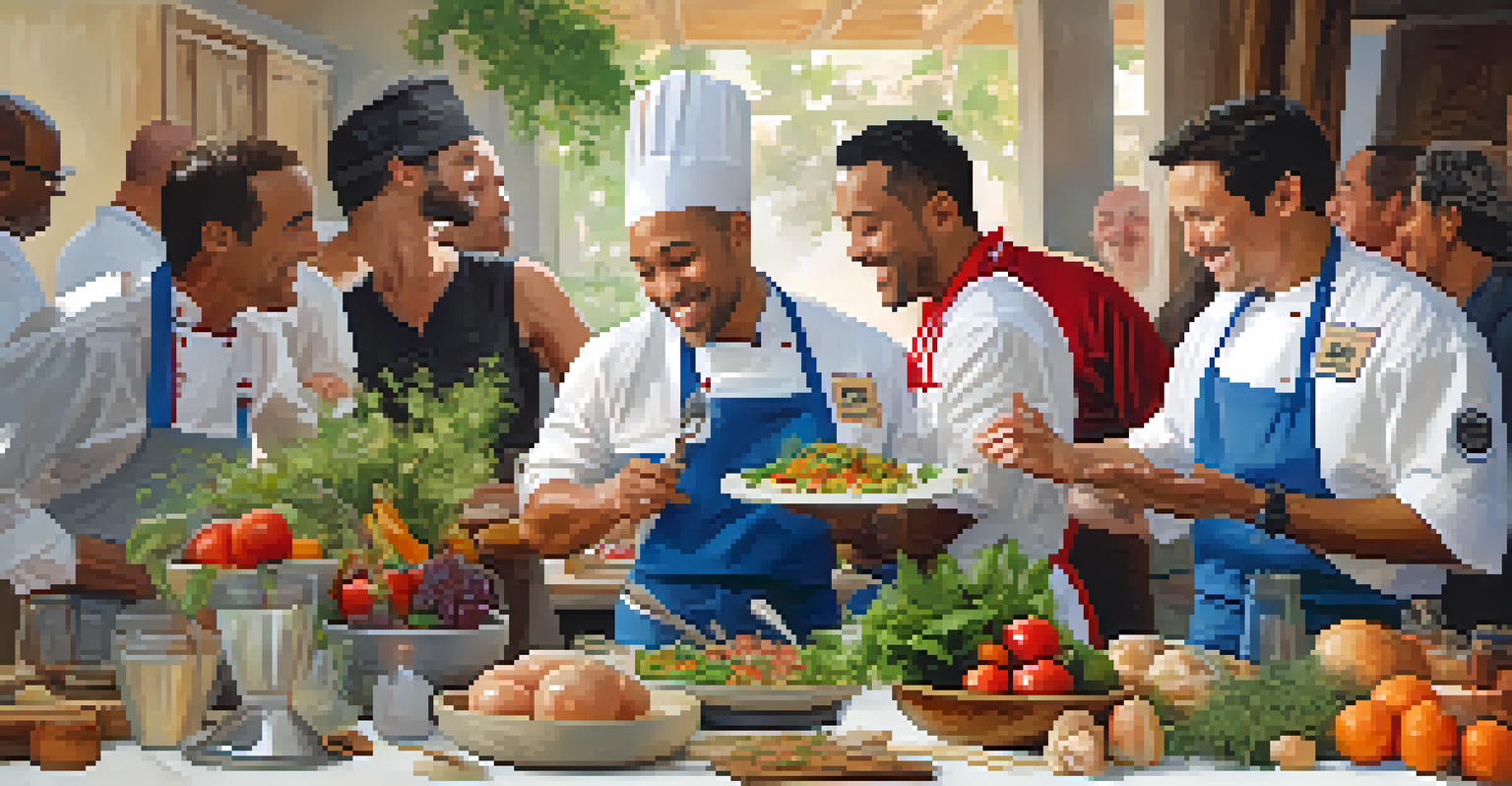 Chefs collaborating and sharing tips at an Austin culinary competition, surrounded by local ingredients, with a bright and inviting atmosphere.