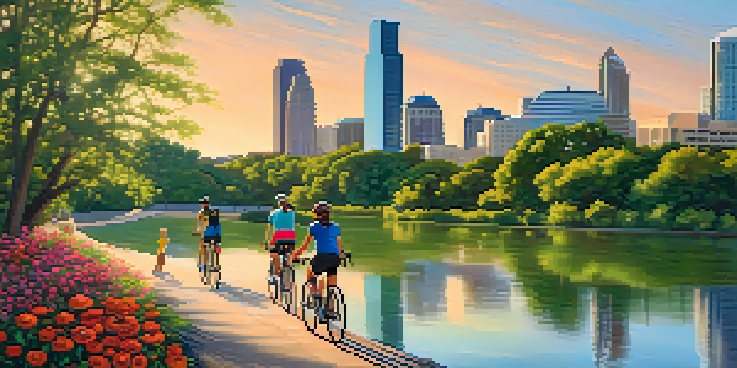 Cyclists riding along the Lady Bird Lake Trail with downtown Austin in the background and lush greenery surrounding them.