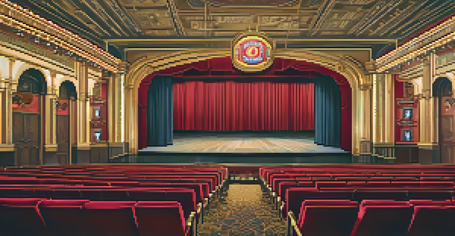 The interior of the historic Paramount Theatre in Austin, showcasing its ornate architecture, red and gold color scheme, vintage movie posters, and plush seating.