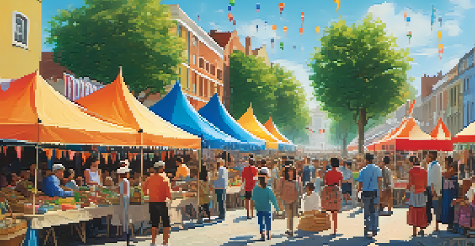 A lively community festival with diverse groups of people enjoying food, crafts, and music under a bright sky.