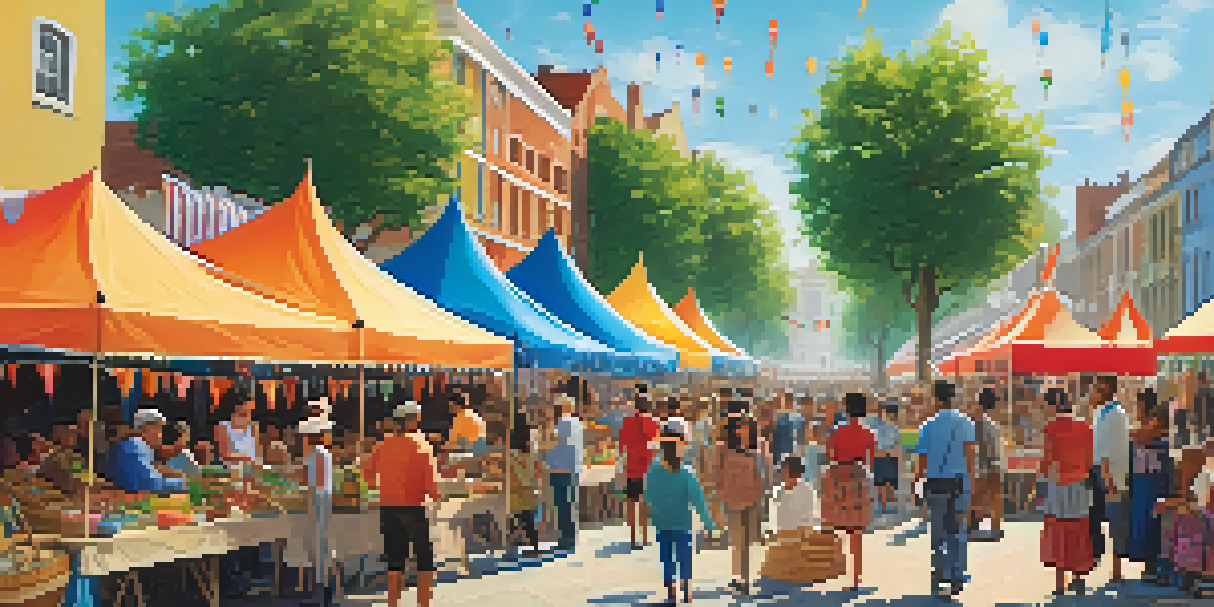 A lively community festival with diverse groups of people enjoying food, crafts, and music under a bright sky.