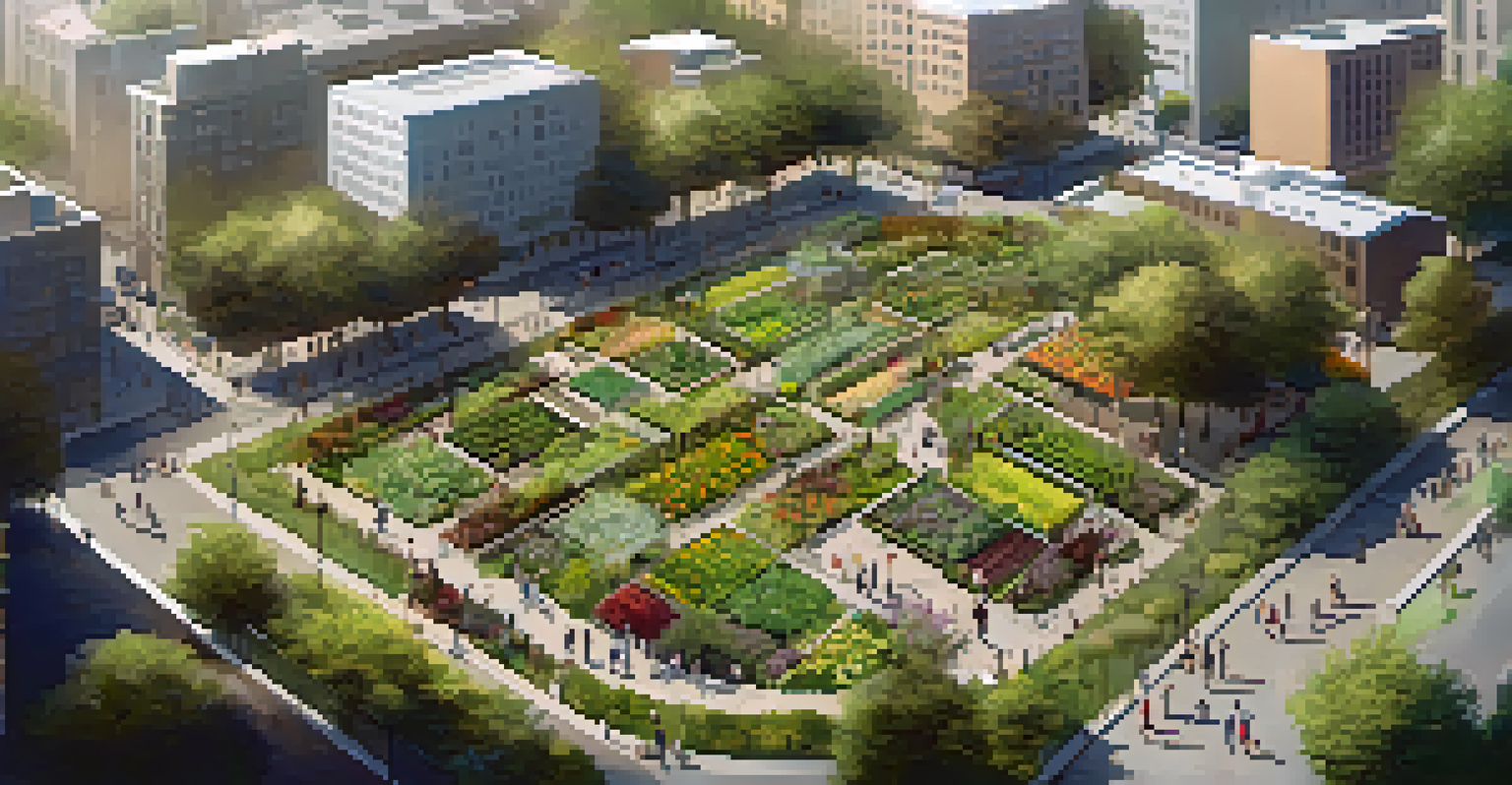 An aerial perspective of a community food forest in the city, highlighting its layout and people engaging in gardening activities.