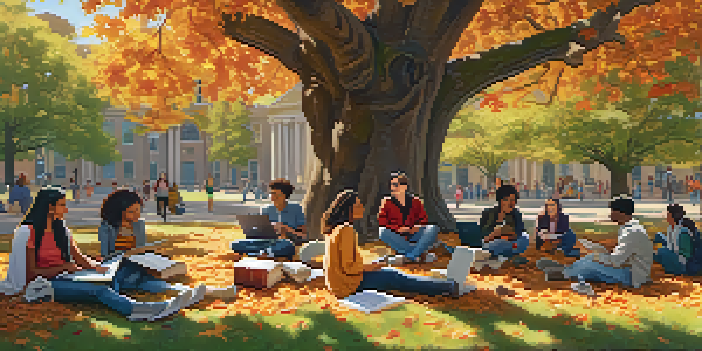 A diverse group of students discussing under a large oak tree on a sunny campus, surrounded by colorful autumn leaves.