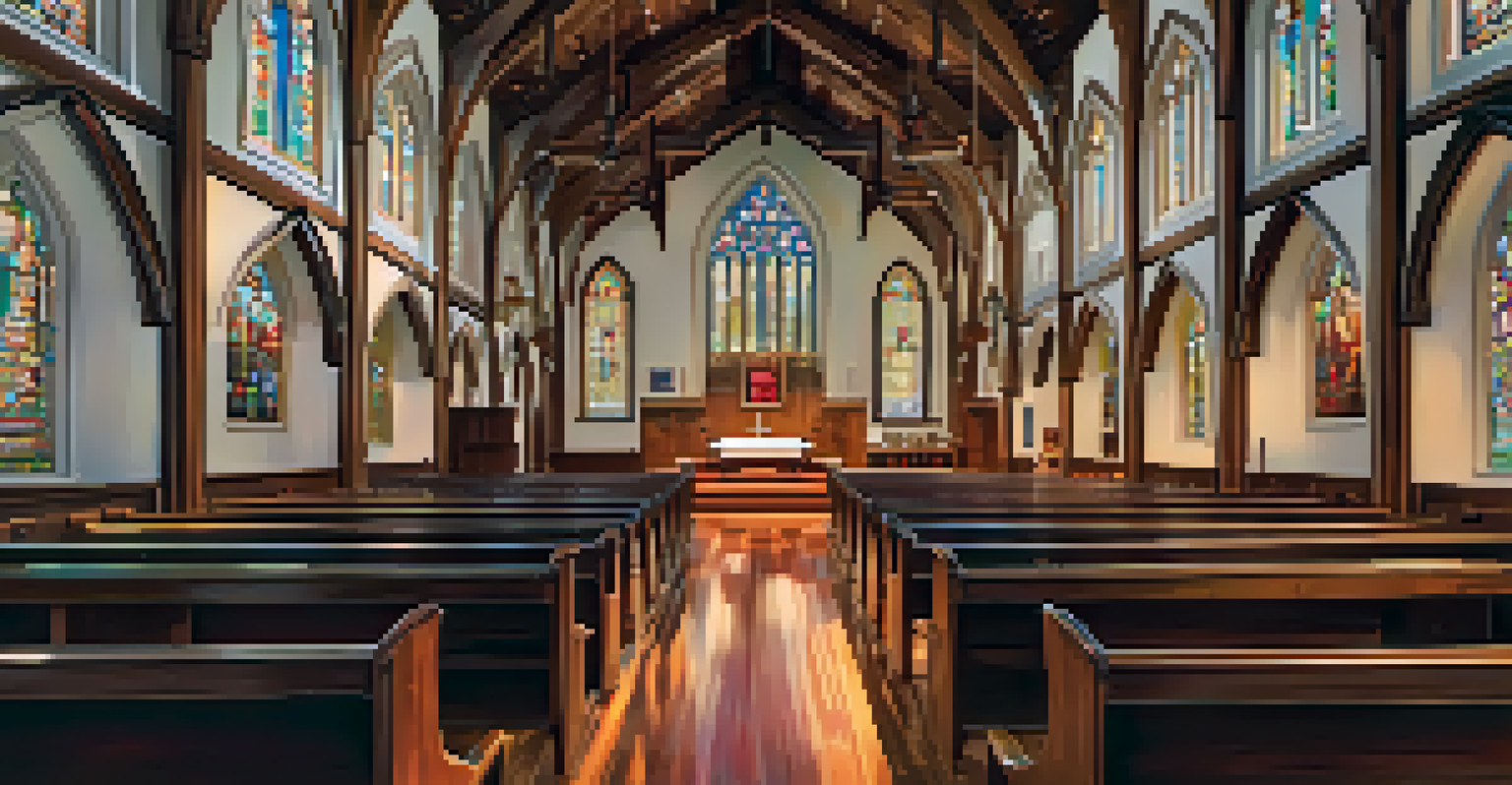 The interior of St. David's Episcopal Church with wooden beams and stained glass windows, softly lit with colorful reflections on the floor.