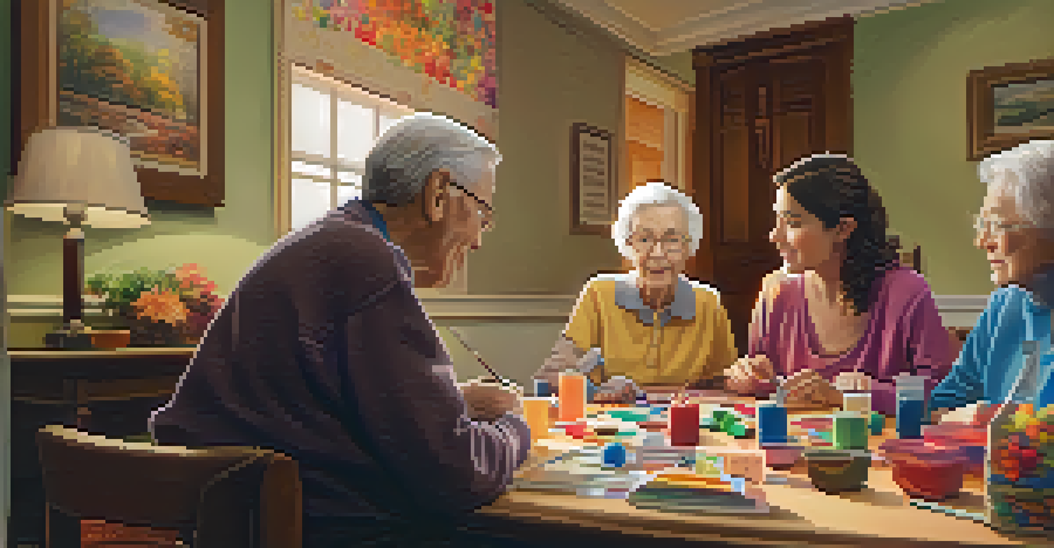 A family visiting an elderly resident in a nursing home, engaging in storytelling and crafts in a warm, cozy environment.