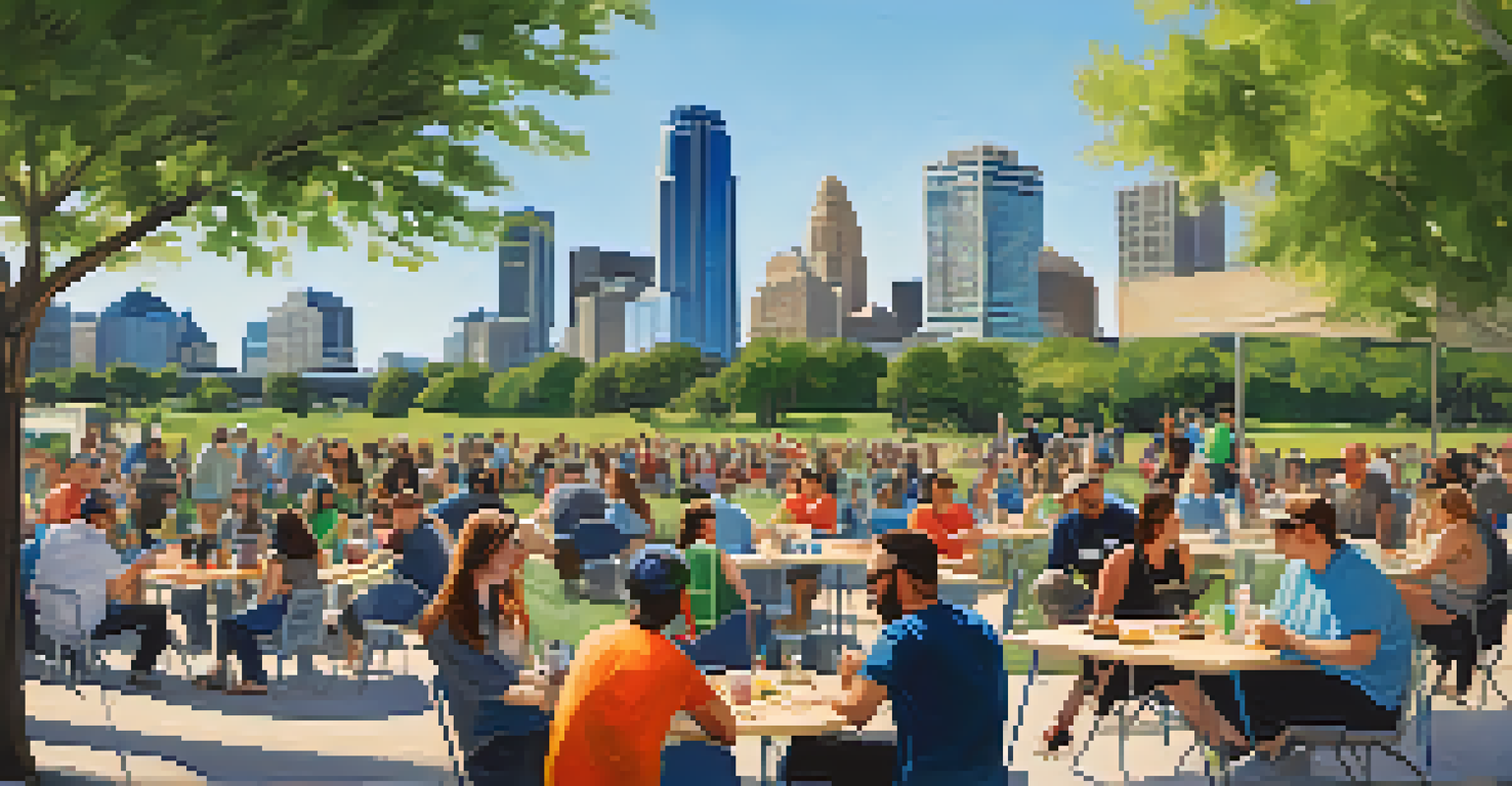 Participants at an outdoor Austin tech conference workshop with food trucks and the Austin skyline in the background.