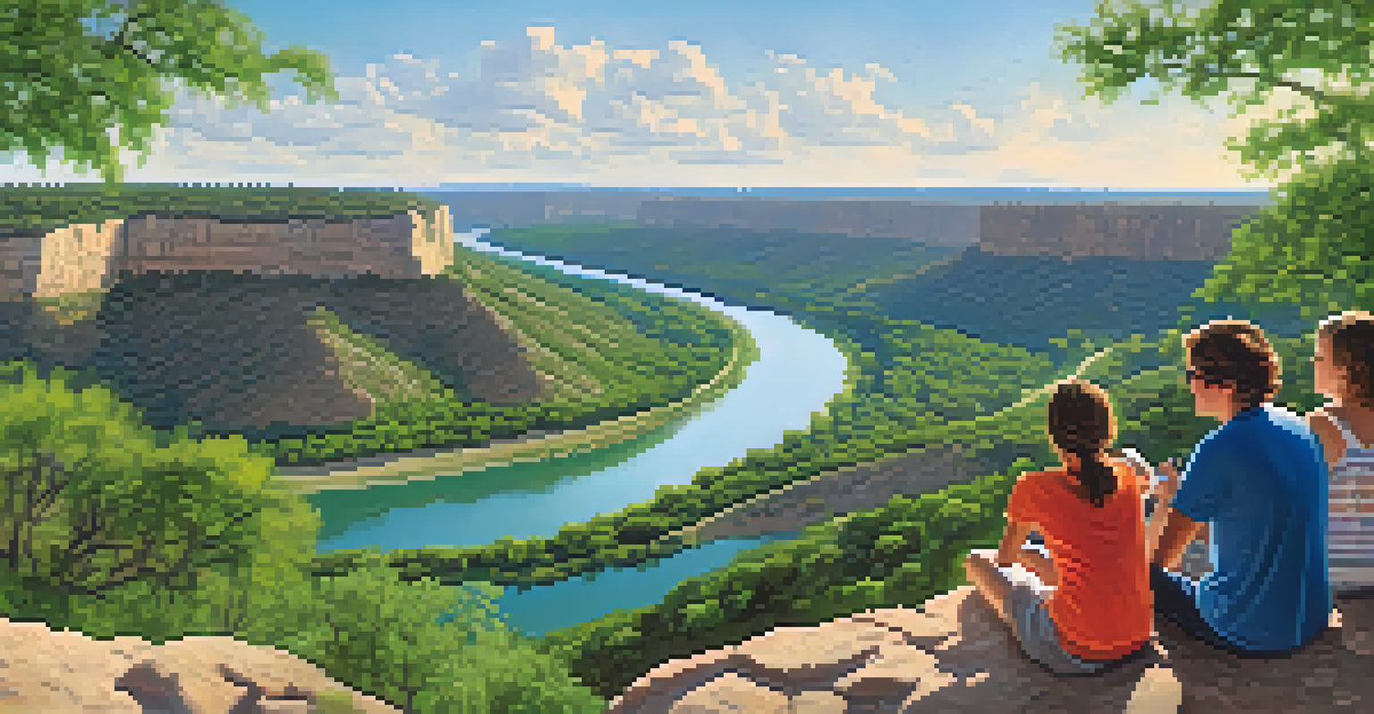 A family at the summit of Mount Bonnell, enjoying a panoramic view of the Colorado River and the surrounding landscape.
