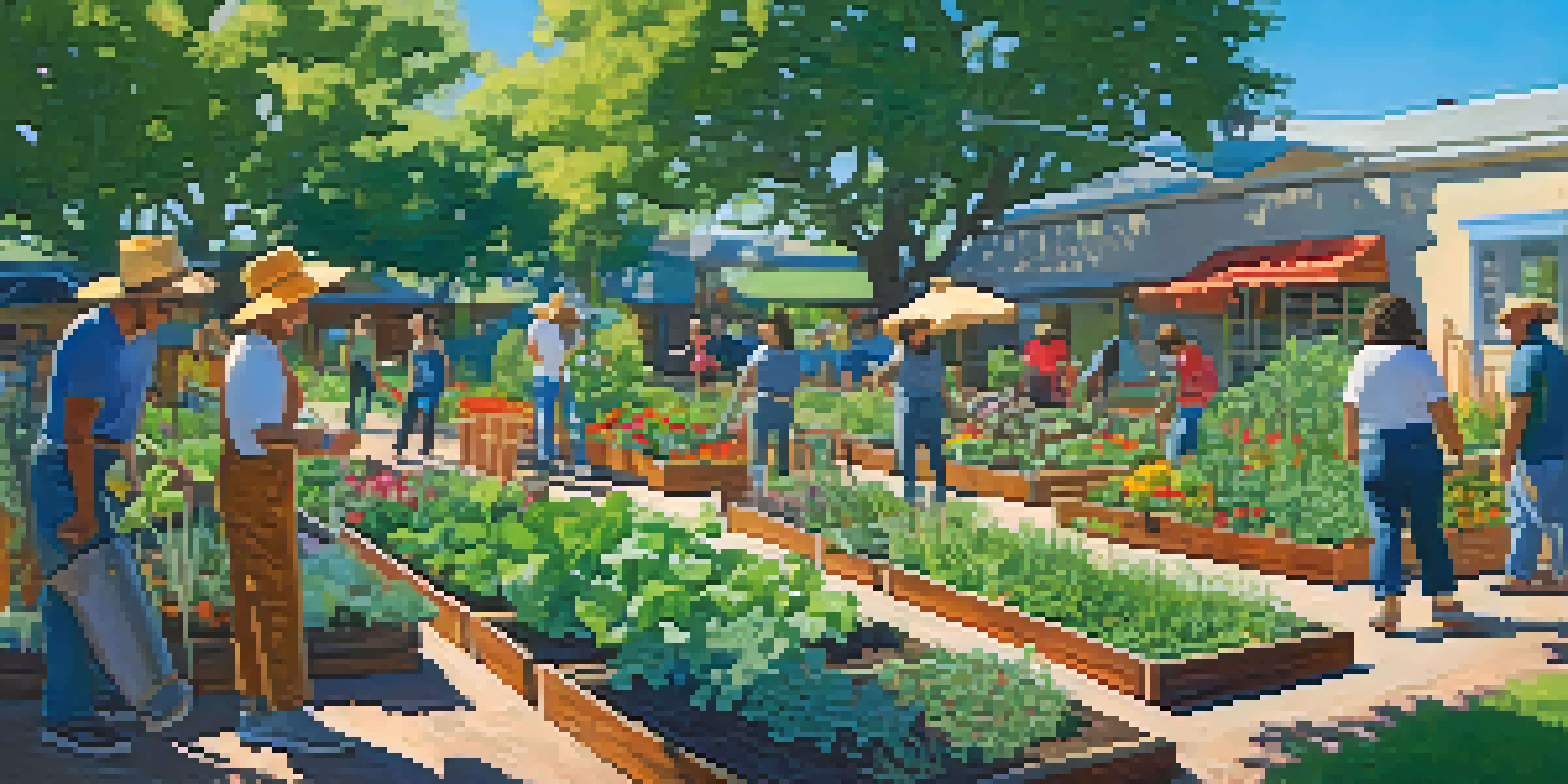 A lively community garden filled with people planting and tending to colorful vegetables and herbs, surrounded by lush greenery and trees under a sunny sky.