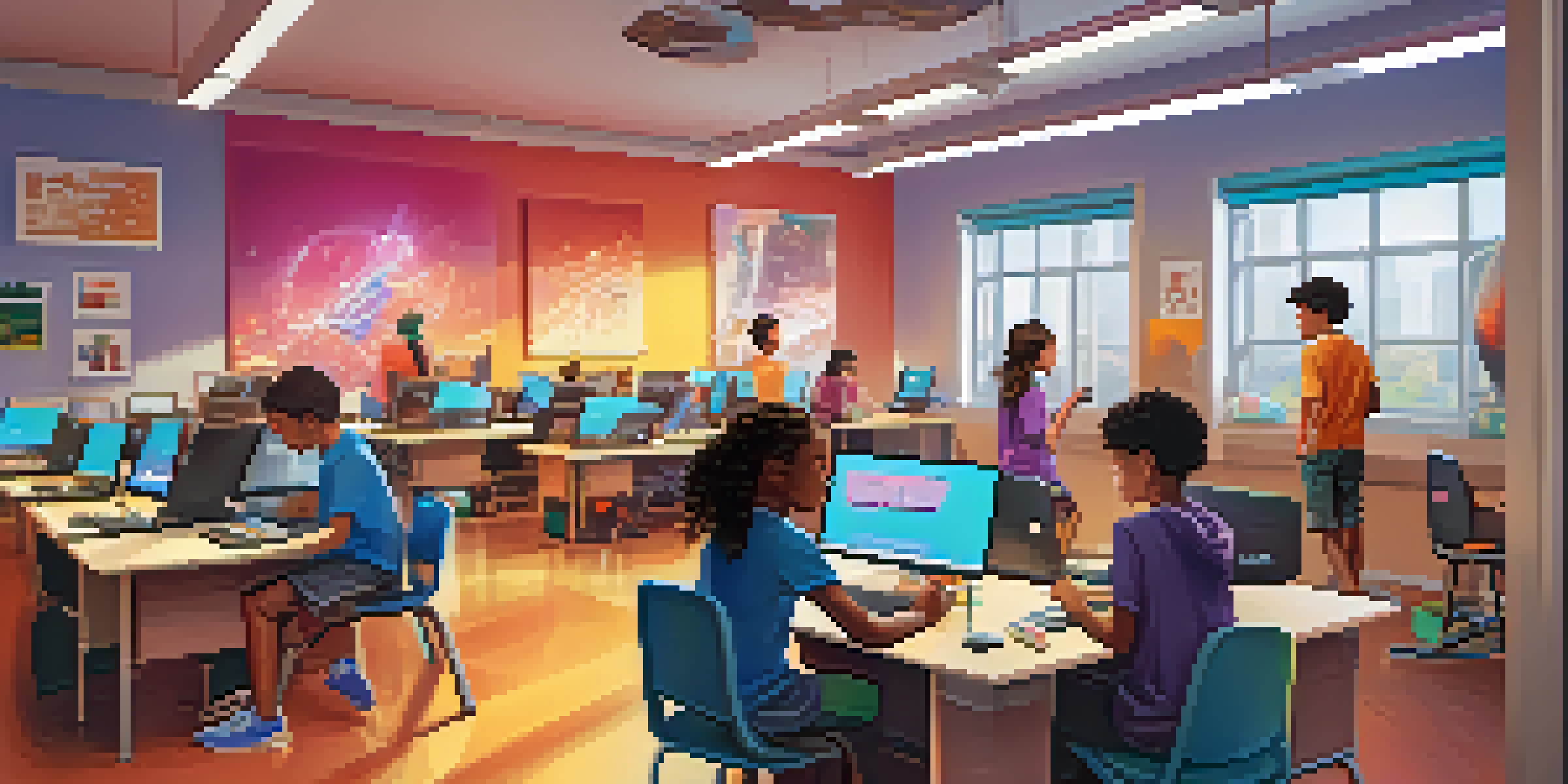 Children at a coding camp working together on computers, surrounded by colorful decorations and natural light.