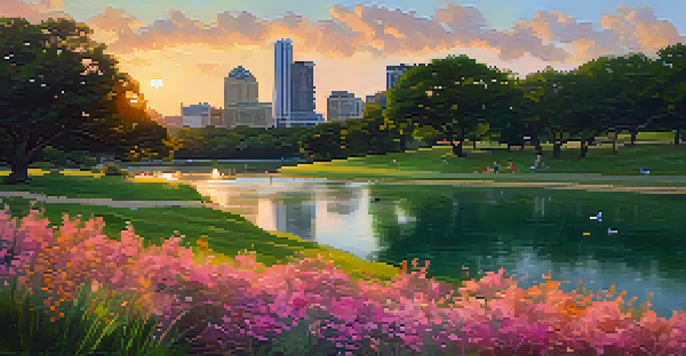 A picturesque landscape of Zilker Park at sunset, featuring colorful wildflowers, green grass, and the Barton Springs Pool, with the Austin skyline in the background.