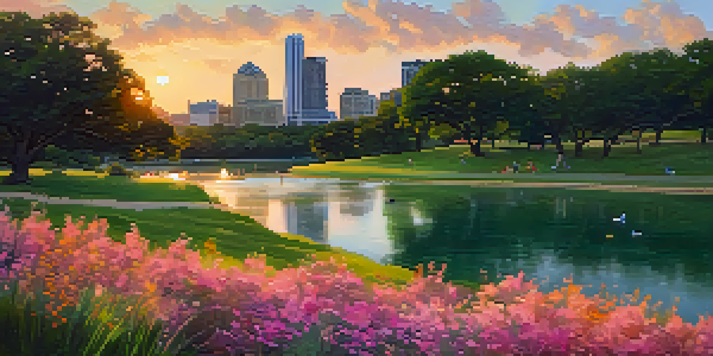A picturesque landscape of Zilker Park at sunset, featuring colorful wildflowers, green grass, and the Barton Springs Pool, with the Austin skyline in the background.