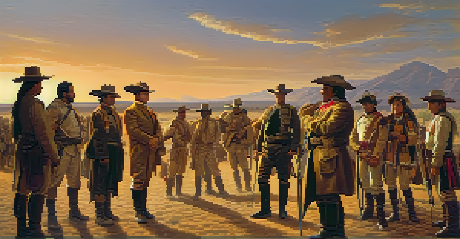Sam Houston discussing strategy with his diverse army at San Felipe, with soldiers gathered around a map and the warm glow of the setting sun.