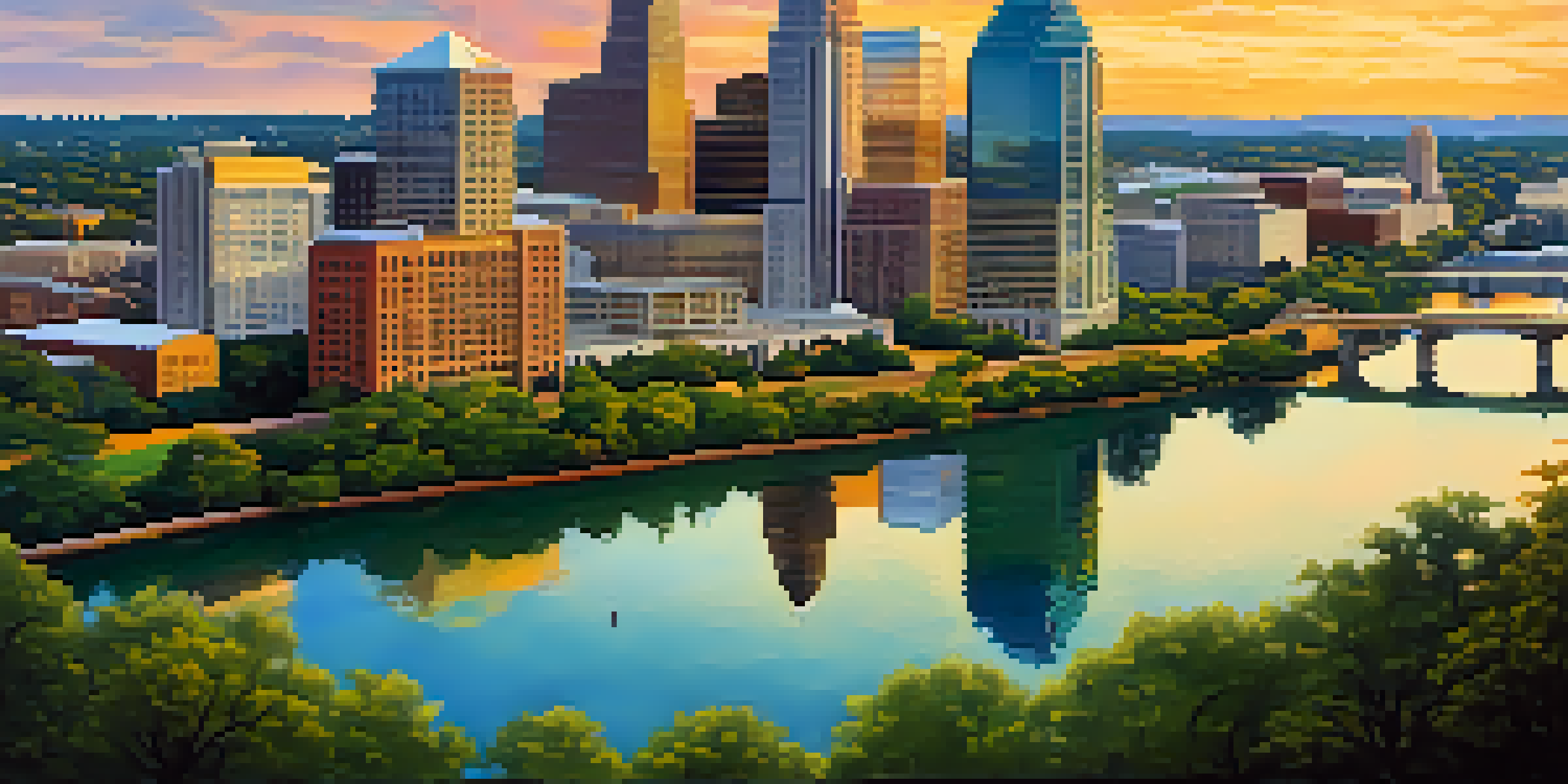 A panoramic view of Austin, Texas, displaying a mix of modern skyscrapers and historic buildings, with green parks and a warm sunset.