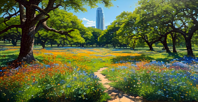 A colorful spring scene in Zilker Park, filled with blooming wildflowers, green oak trees, and birds in the branches under a sunny sky.