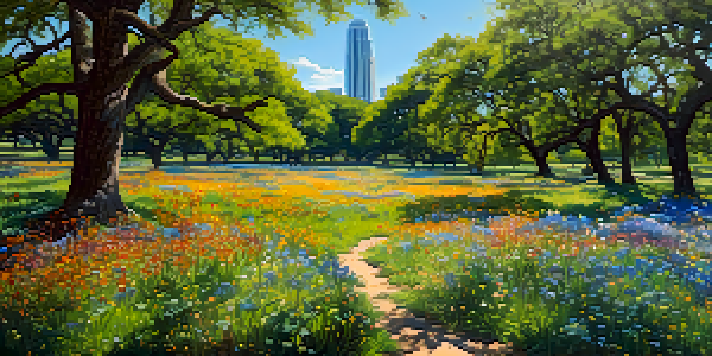 A colorful spring scene in Zilker Park, filled with blooming wildflowers, green oak trees, and birds in the branches under a sunny sky.