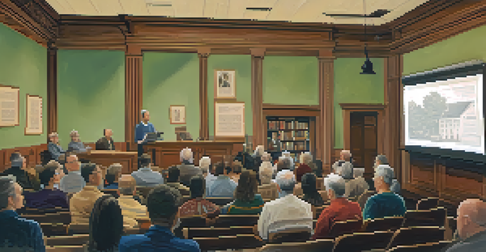 A cozy lecture room with attendees engaged in a history talk, featuring a speaker at a podium and historical images on a screen.