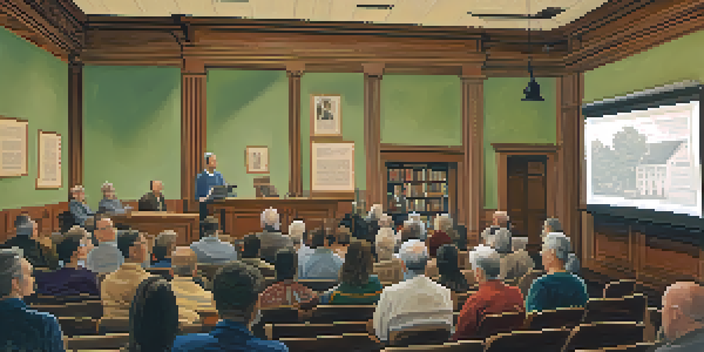 A cozy lecture room with attendees engaged in a history talk, featuring a speaker at a podium and historical images on a screen.