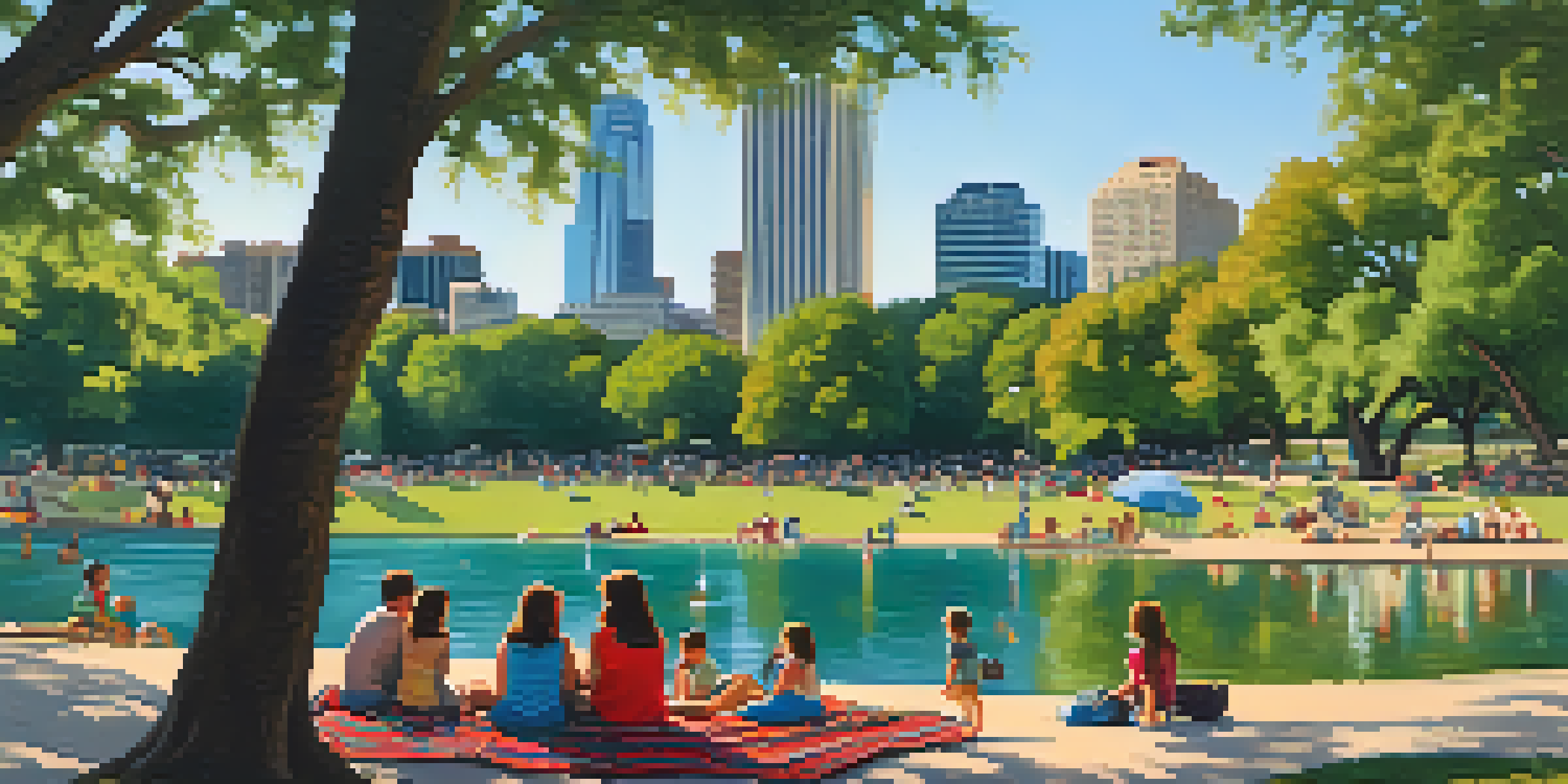 A family-friendly picnic scene in Zilker Park with children playing, large trees providing shade, and the Austin skyline in the background.