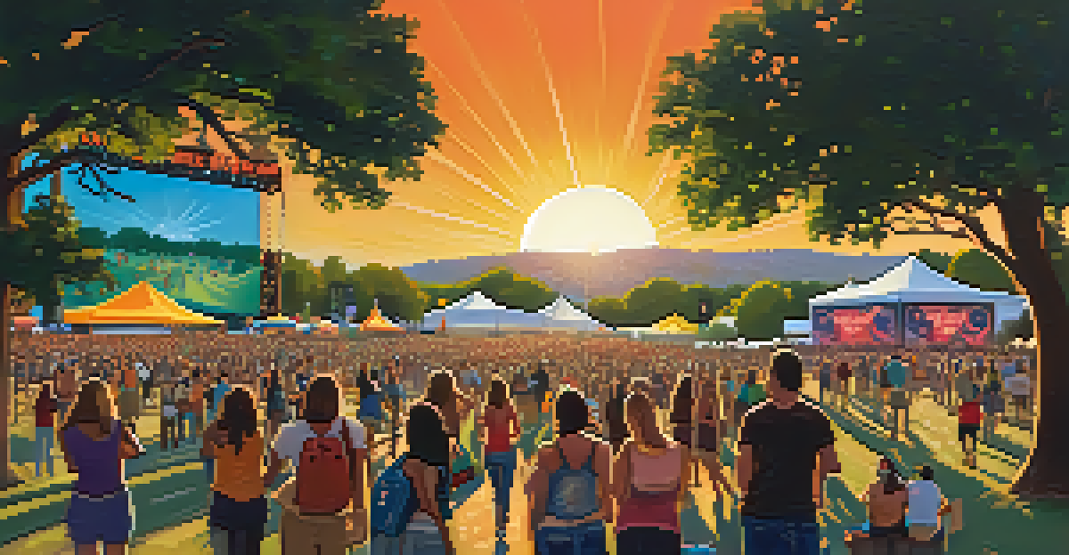 A lively music festival scene with stages, a dancing crowd, and food trucks during sunset.