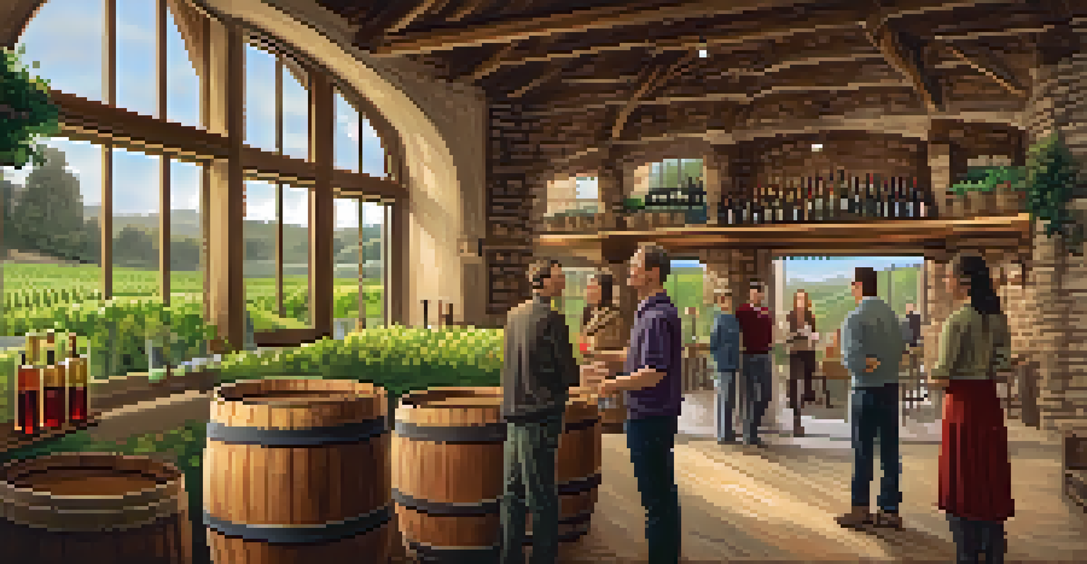 A staff member explaining sustainable winemaking practices to visitors inside a rustic winery, with barrels and bottles around.