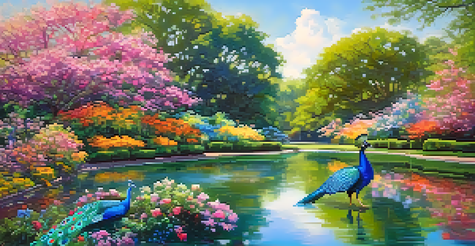 Colorful peacocks in Mayfield Park surrounded by blooming gardens and a reflective pond, creating a vibrant and peaceful landscape.