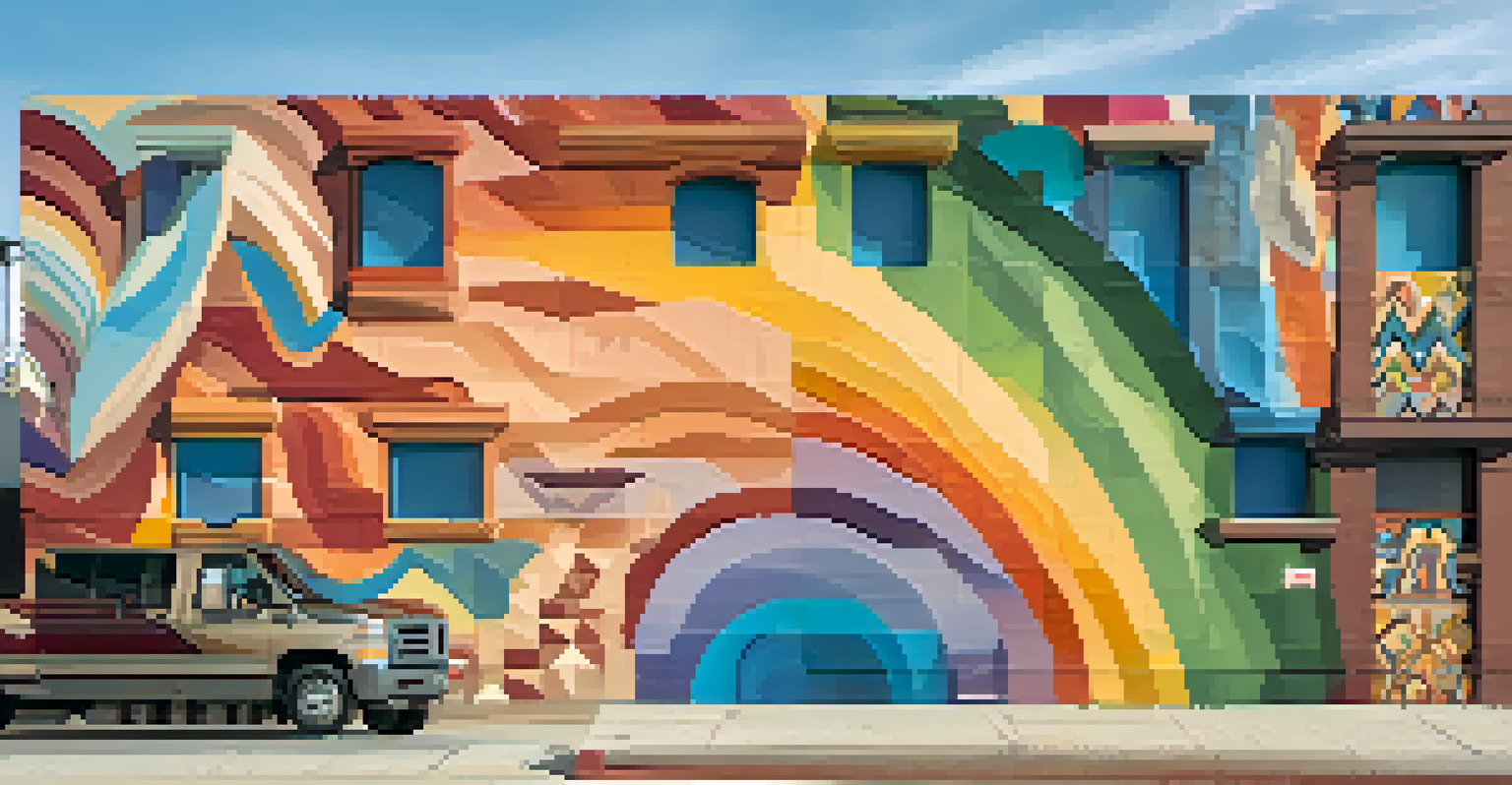 A colorful mural on a city wall in Austin, illustrating diversity and unity through abstract shapes and vibrant colors.